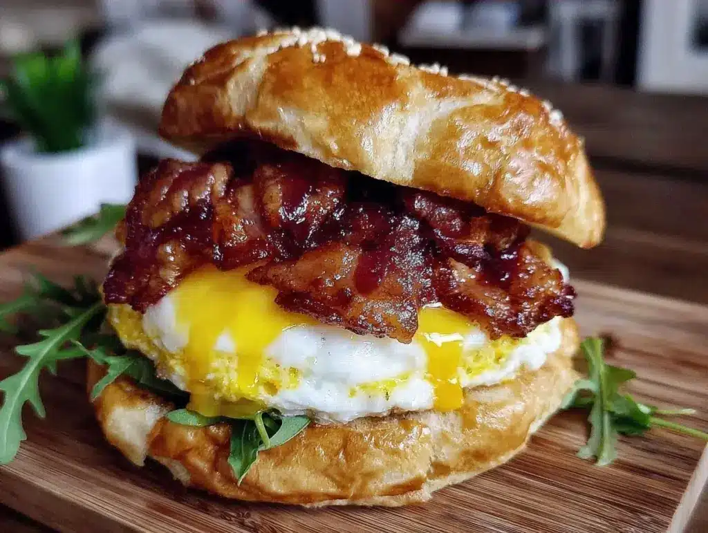 breakfast sandwich with fried egg and crispy bacon - featured image