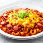 cheesy chili cheese dog pasta skillet - featured image