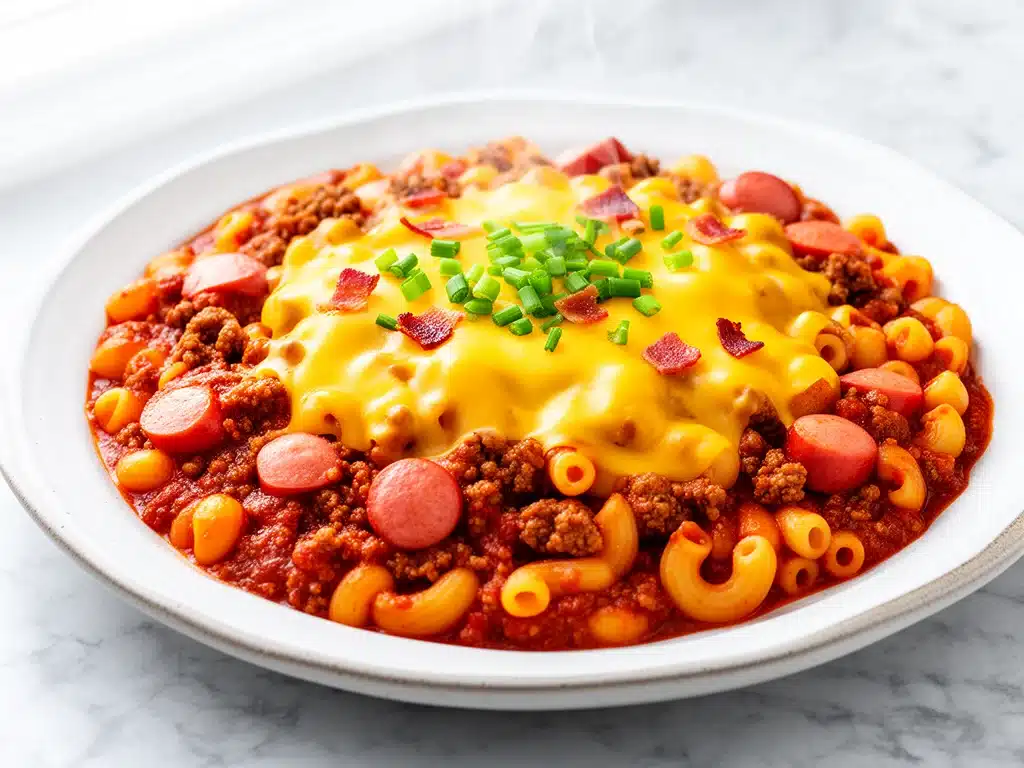 cheesy chili cheese dog pasta skillet - featured image