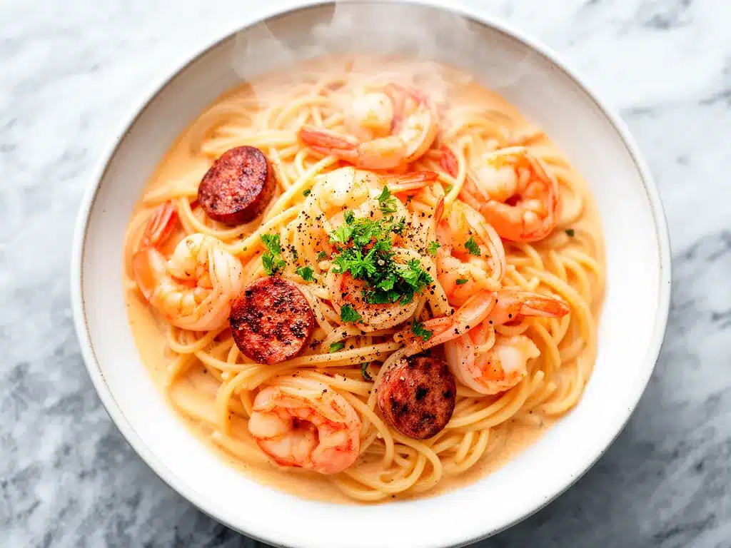 Creamy Cajun Shrimp and Sausage Pasta: Easy Copycat Takeout 4 creamy cajun shrimp and sausage pasta preparation steps
