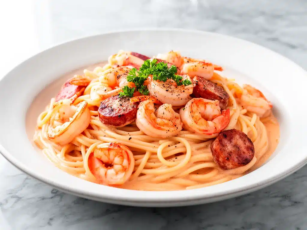 creamy cajun shrimp and sausage pasta - featured image