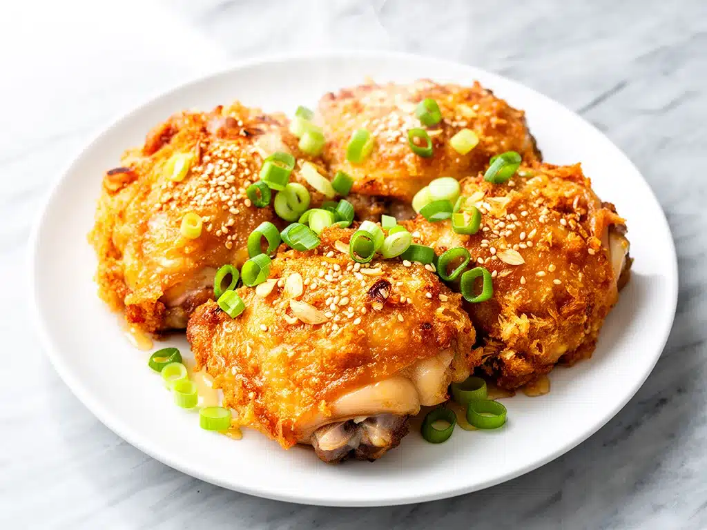 crispy baked honey garlic chicken thighs - featured image