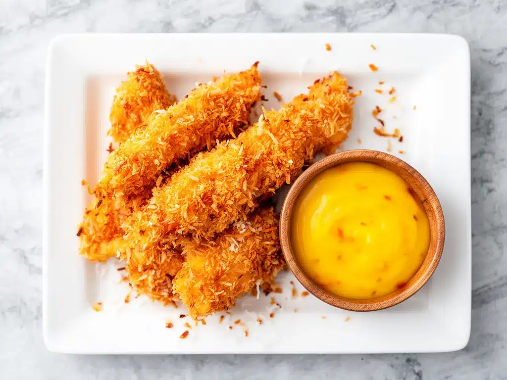 Crispy Coconut Chicken Tenders: 10-Minute Mango Dip 4 Crispy Coconut Chicken Tenders preparation steps