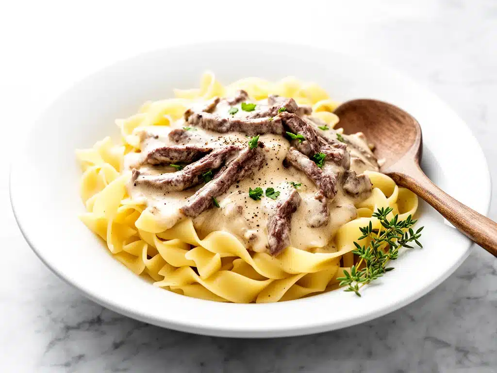one-pot creamy beef stroganoff - featured image