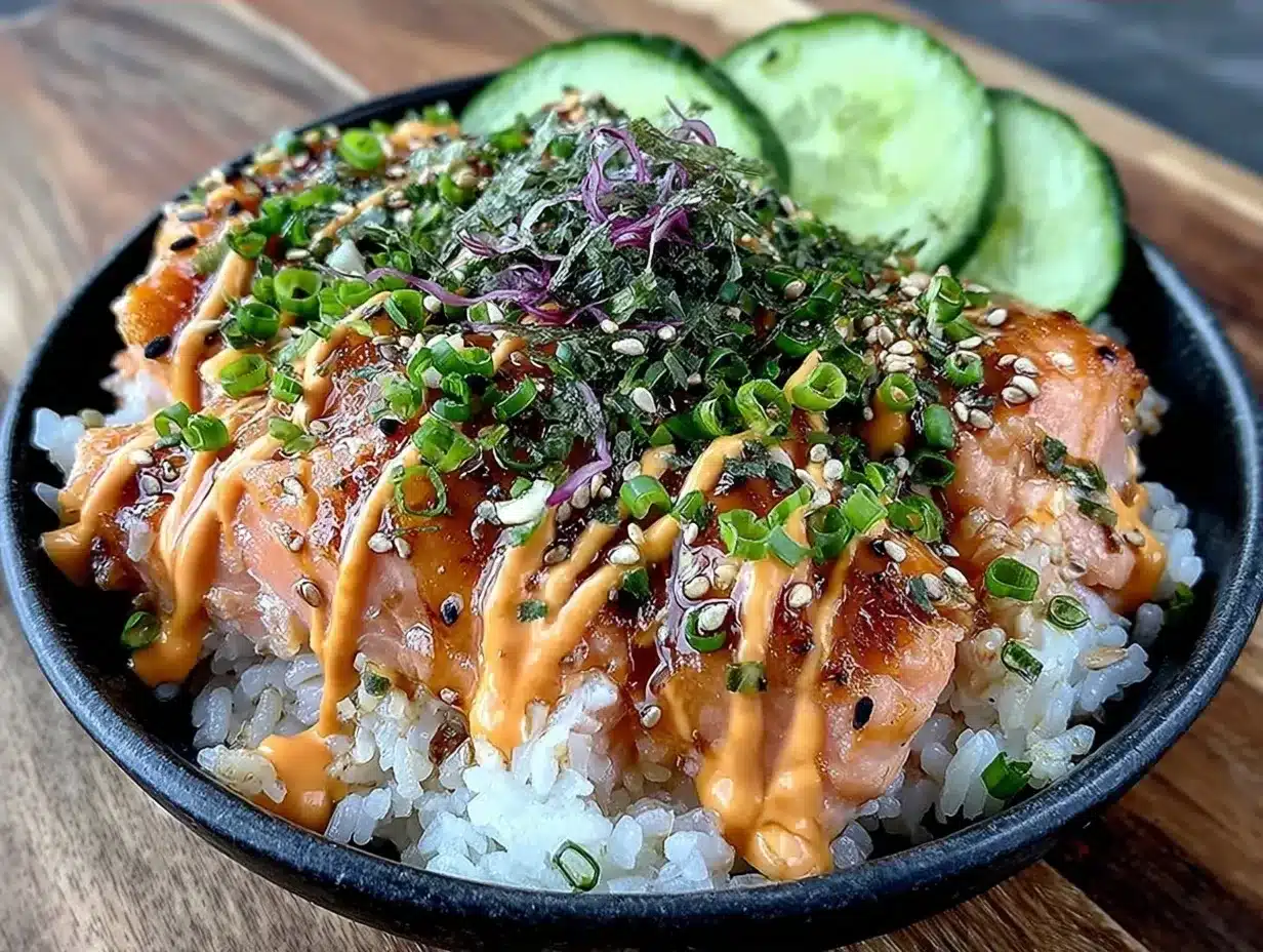 Salmon Rice Bowl: Spicy Mayo & Cucumber Recipe 4 salmon rice bowl preparation steps